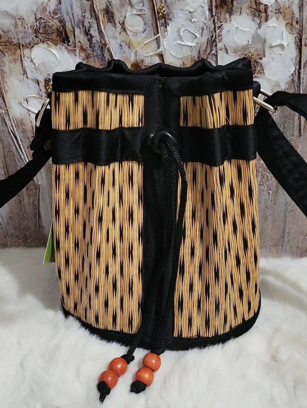 Saraye Tatami Small Handcrafted Black and Tan Woven Bucket Bag